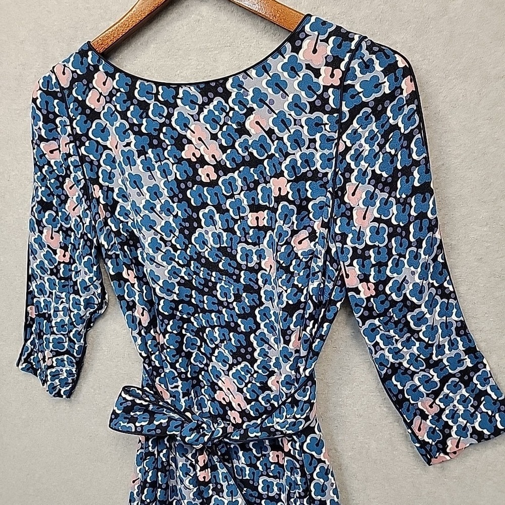 BODEN Kelly Floral Dress Belt Lined Teal Pink Viscose 3/4 Sleeve UK 10 US 6R